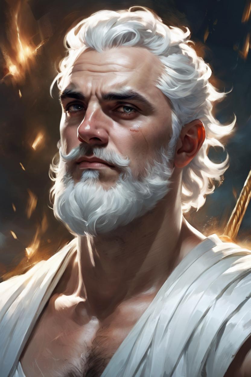 Artificial Intelligence (AI) generated image art, painted portrait of  (...) as rugged zeus, god of thunder, greek god, white hair, masculine, powerful, handsome, opulent, upper body, white robe, muscular, hairy torso, fantasy, intricate, elegant, highly detailed, digital painting, artstation, concept art, smooth, sharp focus, illustration, art by gaston bussiere and magali villeneuve