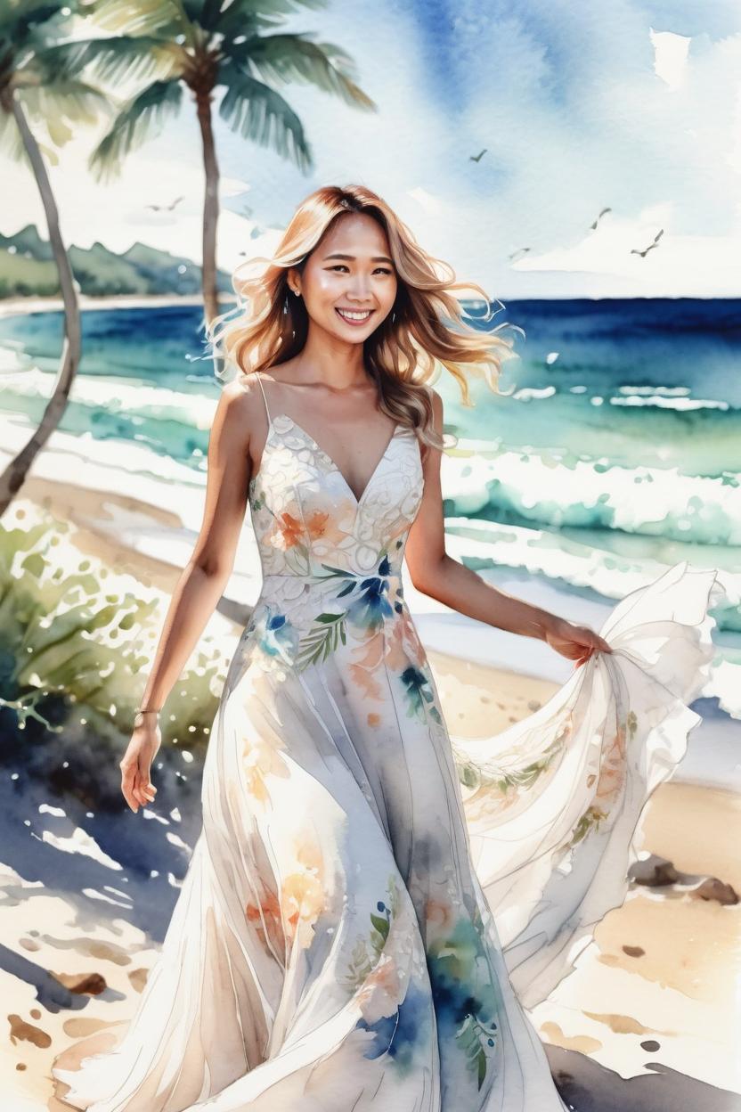 Artificial Intelligence (AI) generated image art, ... as beautiful bride, beachfront wedding, outdoor, ultra detailed illustration, watercolor, light flowy wedding dress, on the beach, motion photography