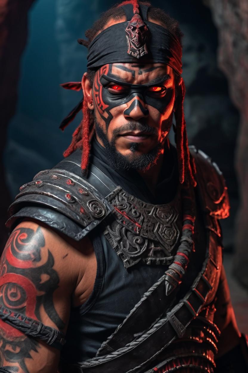 Artificial Intelligence (AI) generated image art, ..., portrait as a Sith Lord in battle armor, mid shot side angle, looking at camera, blindfold covering eyes, red glow on face, full face tribal tattoos, terrifying, dark cave temple, cinematic lighting, dark, sinister,