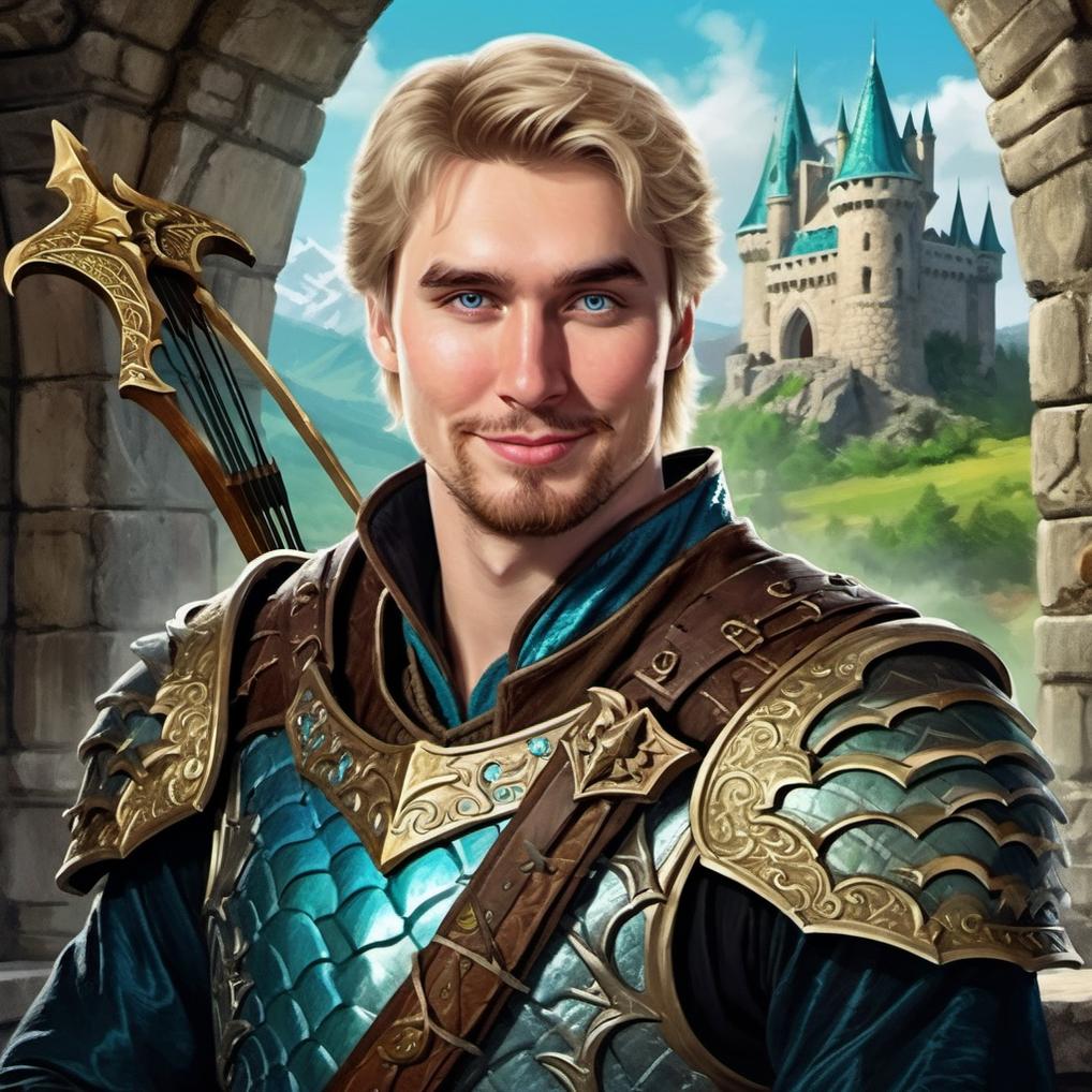 Artificial Intelligence (AI) generated image art, ..., portrait, fantasy, dungeans and dragons,  ((crossbow))  handsome, blond hair, as fantasy prince, art by greg rutkowski, armor, wealthy, castle background