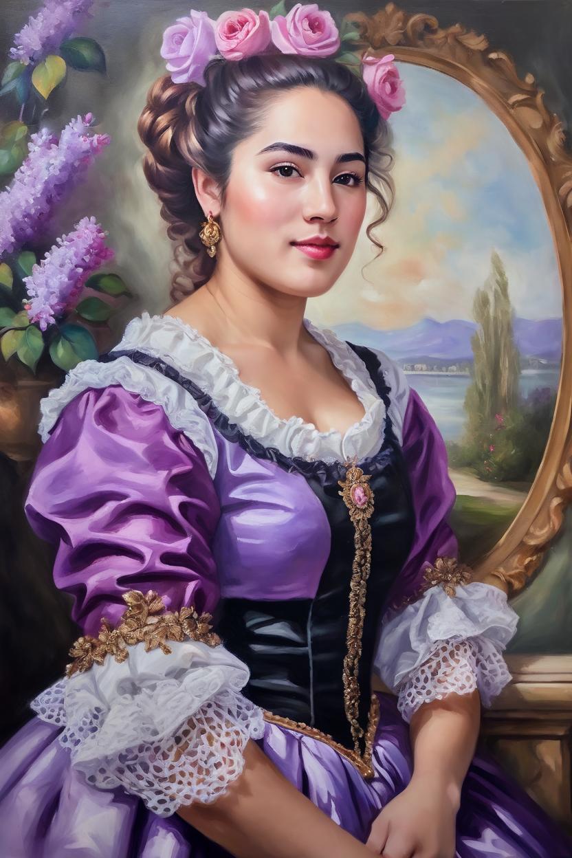 Artificial Intelligence (AI) generated image art, Beautiful woman ..., baroque style portrait, oil painting, romantic wearing Versailles style clothing and hair, featuring roses and lilacs