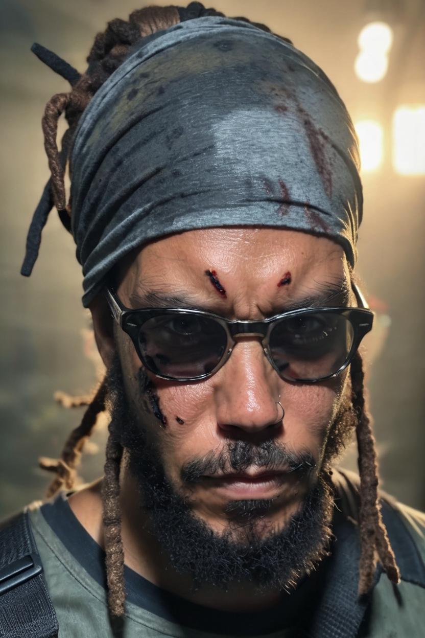 Artificial Intelligence (AI) generated image art, ..., portrait, survivor of zombie apocalypse, dreadlocks in a bun, head wrap, eyepatch, mid shot angle, looking at camera, cinematic lighting, gritty, action, dark, dystopian, in style of The Walking Dead