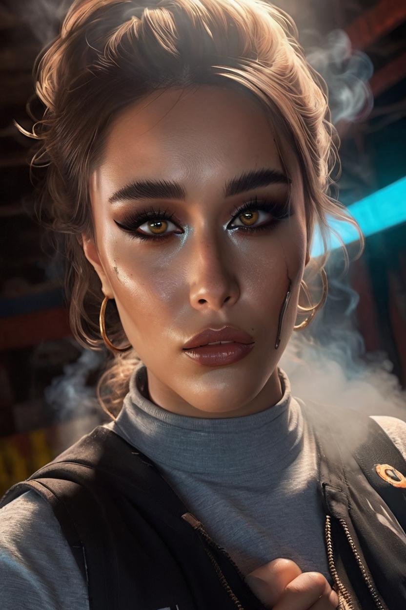 Artificial Intelligence (AI) generated image art, ...,  surrounded by smoke, blowing out smoke, looking up at the camera, tear in one eye, thick eyeliner, neon lights, Girl, mysterious, highly intricate details, light brown eyes, 3d, cgi, realistic light, trending on cgsociety,  ultra realistic details, pose, portrait, grungy atmosphere, global illumination, shadows, octane render, 8 k,