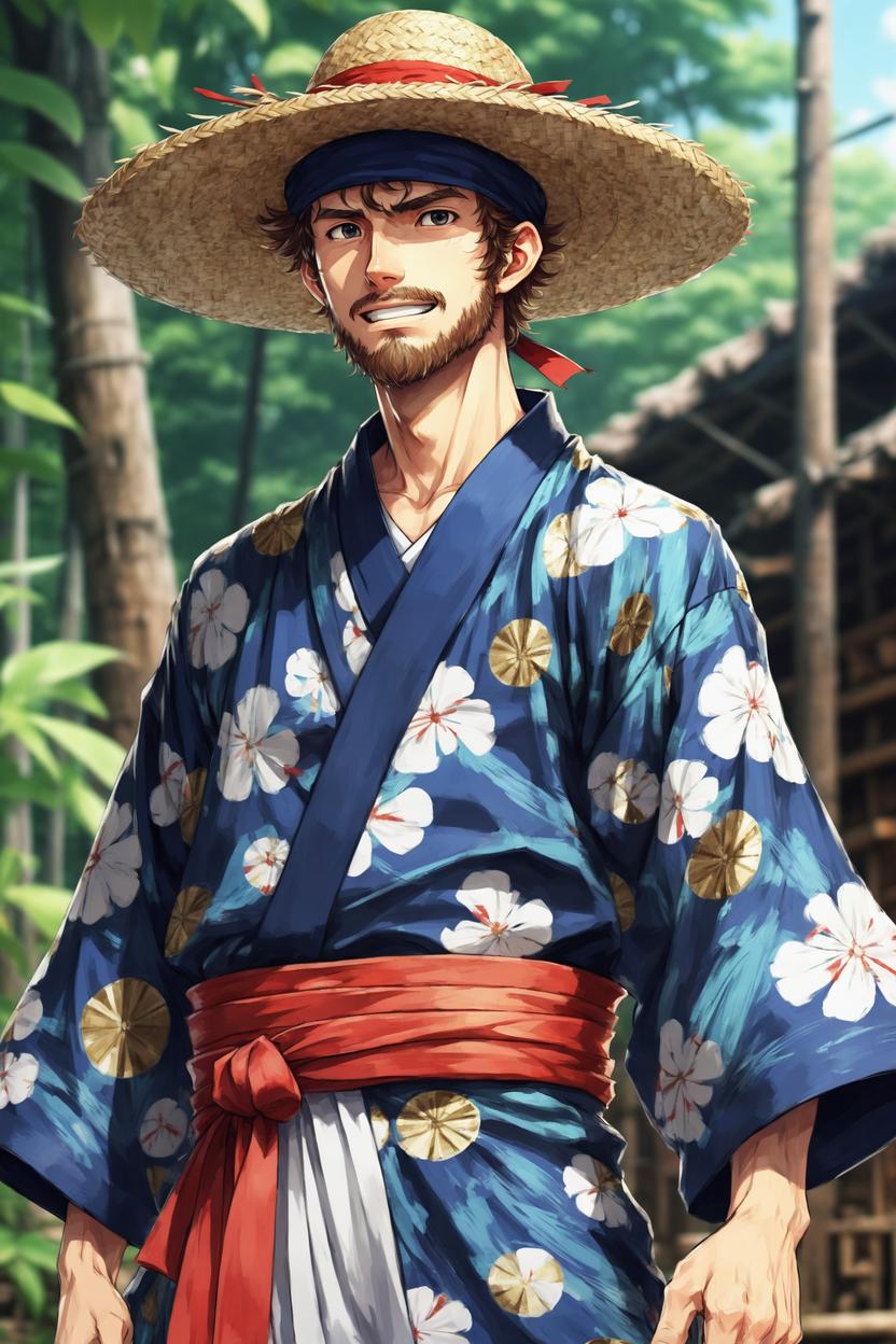 Artificial Intelligence (AI) generated image art, ... as member of straw hat pirate, art by eiichiro oda, anime guy, in kimono, detailed picture, adventure