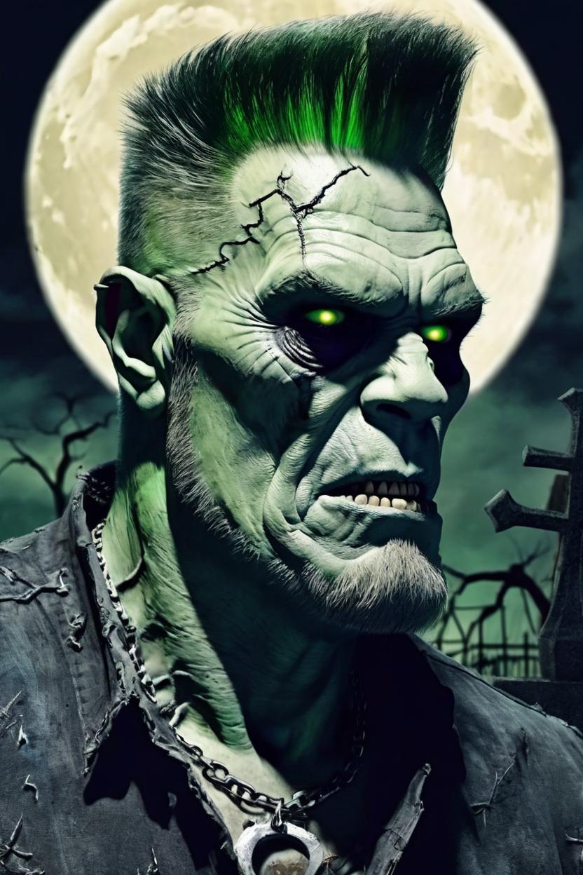 Artificial Intelligence (AI) generated image art, ... Portrait as frankensteins monster, graveyard background night fullmoon, art style  ((torso and up))