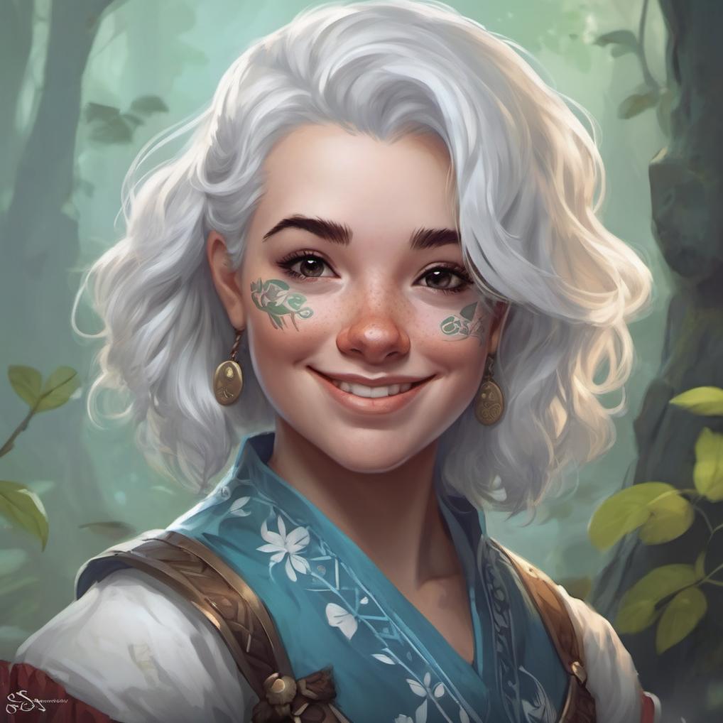 Artificial Intelligence (AI) generated image art, cute little anthropomorphic ..., cute and adorable, pretty, beautiful, dnd character art portrait, matte fantasy painting, deviantart artstation, by jason felix by steve argyle by tyler jacobson by peter mohrbacher, bard, (symmetrical body and face tattoos), white hair