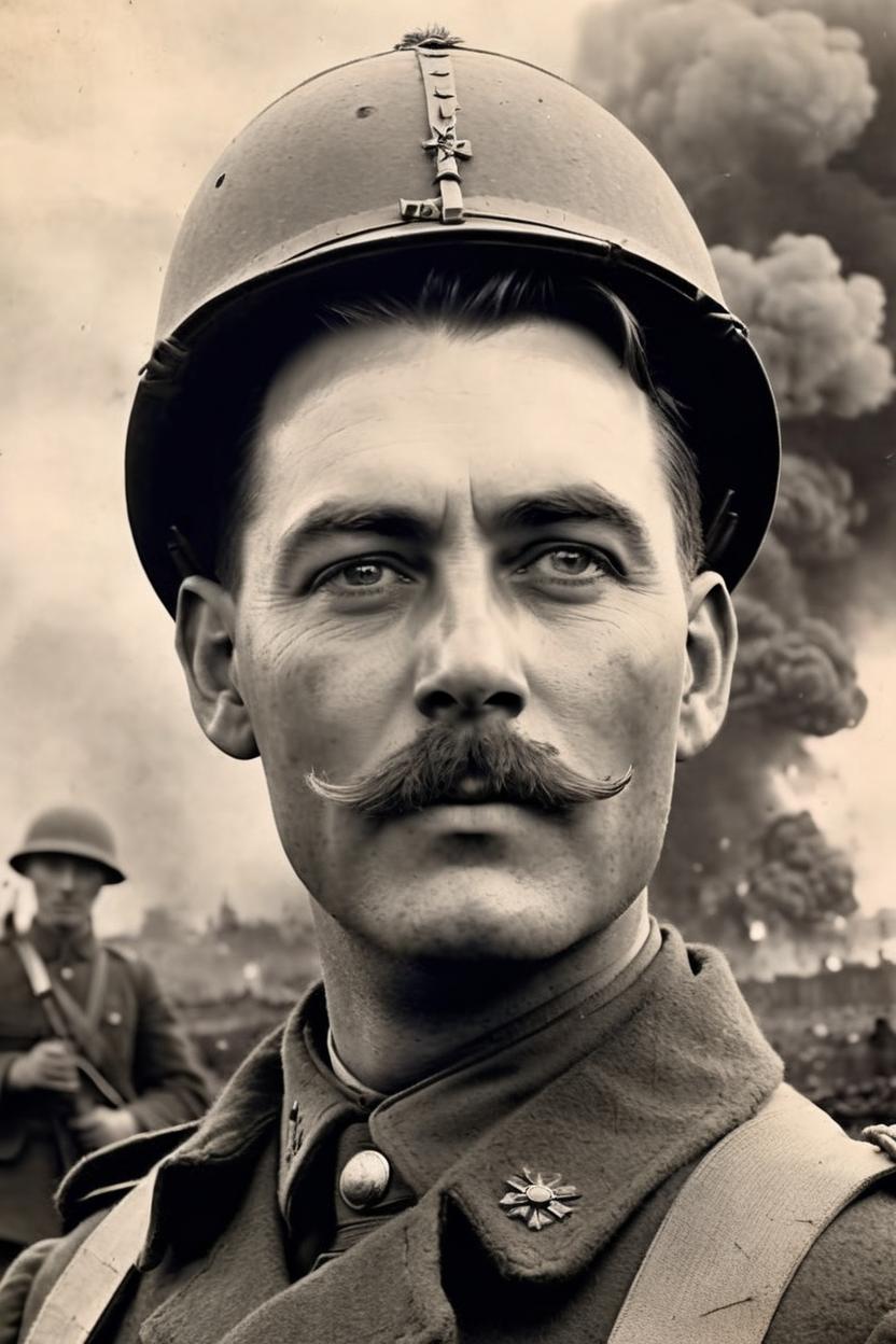 Artificial Intelligence (AI) generated image art, photo of beautiful ..., b&w, 1900 photograph, vintage, portrait, photorealistic, asvperiod world war one british soldier, world war one battle explosions in background, art by artgerm, contrast