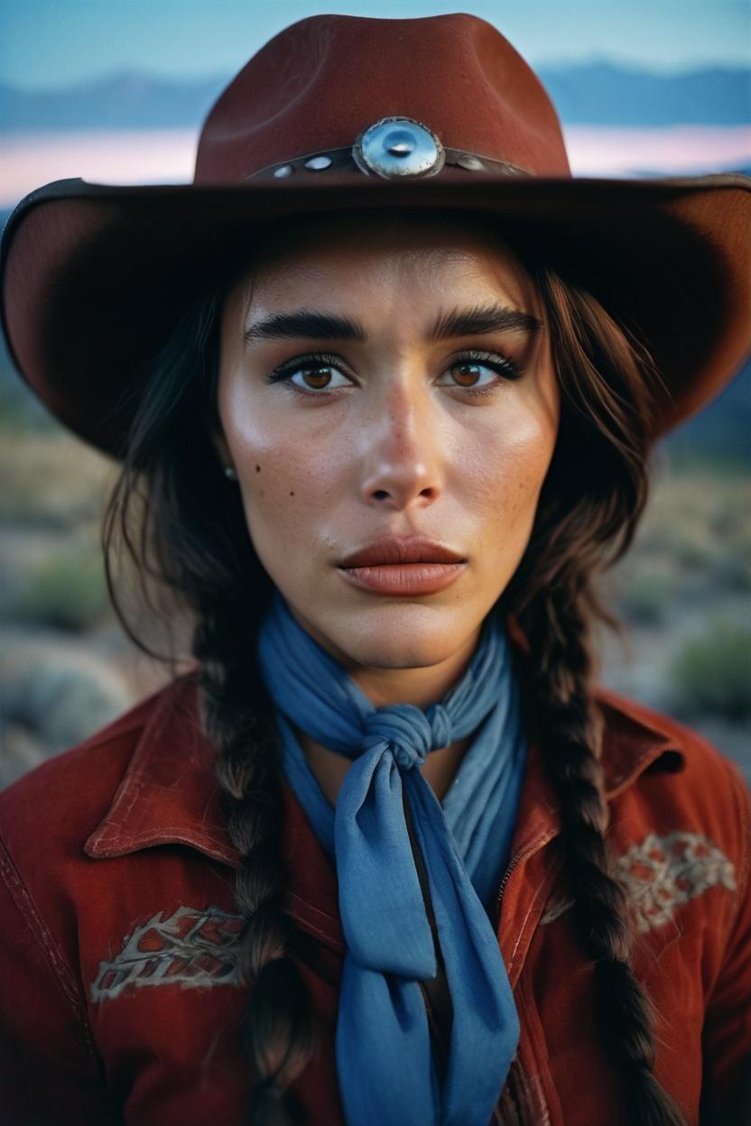 Artificial Intelligence (AI) generated image art, ..., ... as cowboy, woman, wearing a hat, cinematic, blue hour, in wild west mountains, Kodak Portra 800 film SMC Takumar 35mm f/ 2. 8 c 50, detailed face, red hai, brown eyes.