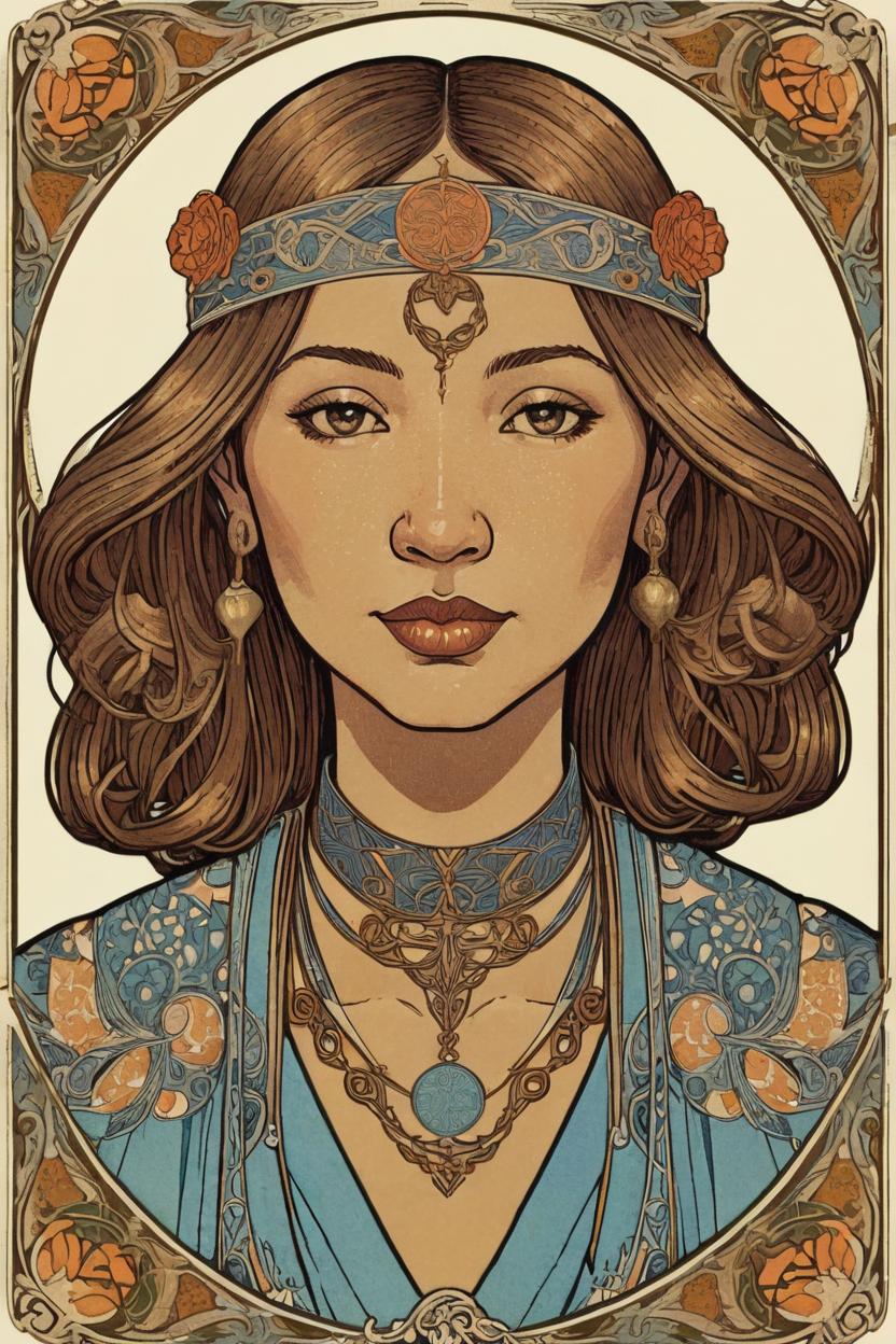 Artificial Intelligence (AI) generated image art, ..., portrait, artwork by Ivan Bilibin, Art Nouveau, tarot card, tan skin, symmetrical, the lover