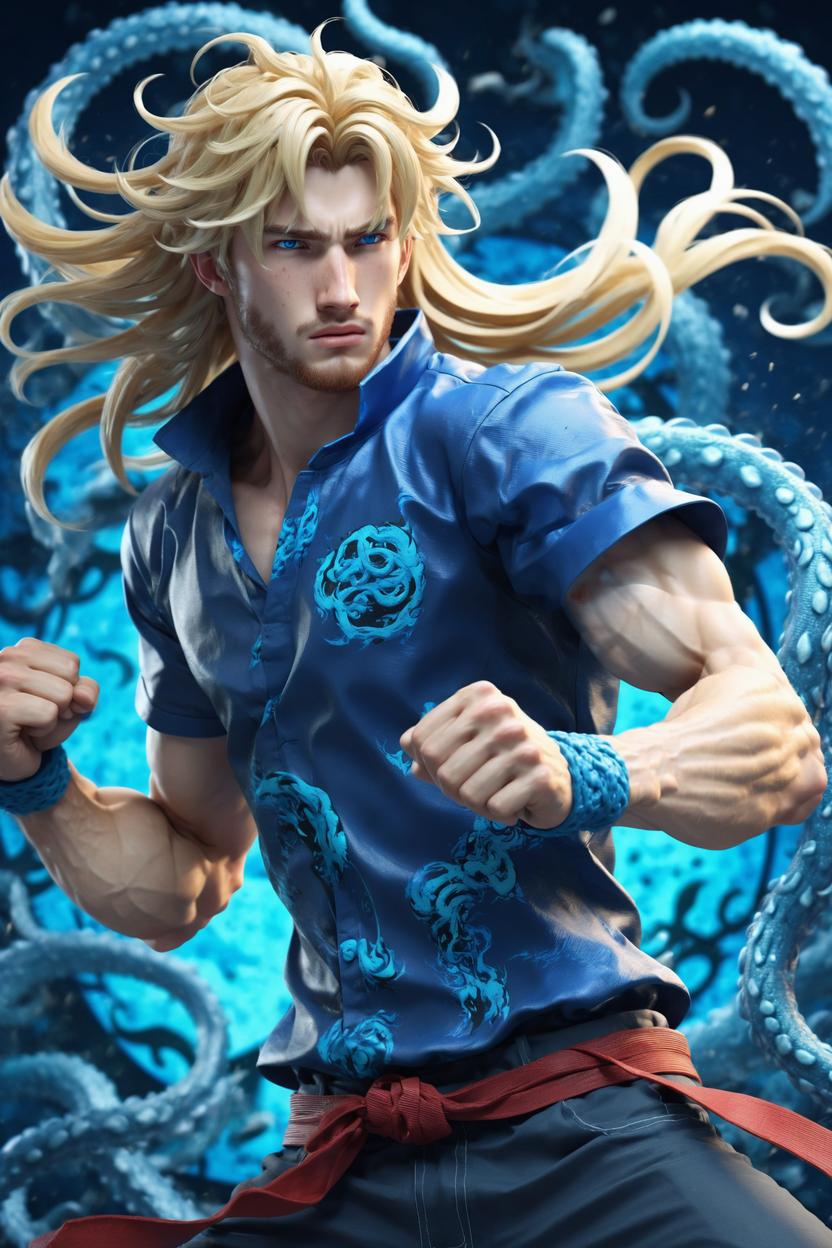 Artificial Intelligence (AI) generated image art, ... as beautiful anime guy, blonde medium long hair, 3d illustration, fighting scene, ((full body)), blue tentacles background, highly detailed