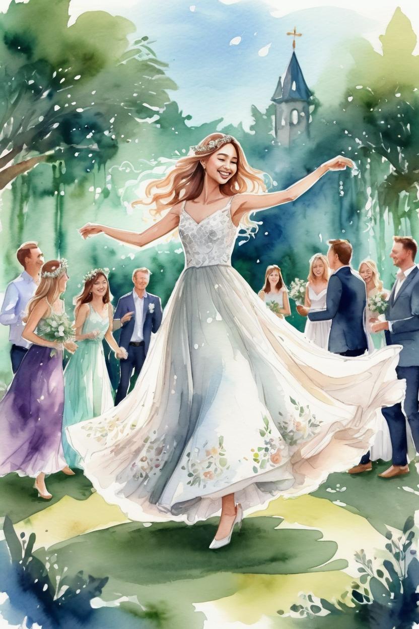 Artificial Intelligence (AI) generated image art, ... as beautiful bride getting married, fairytale wedding, outdoor, ultra detailed illustration, dancing, watercolor, fairy flowy wedding dress