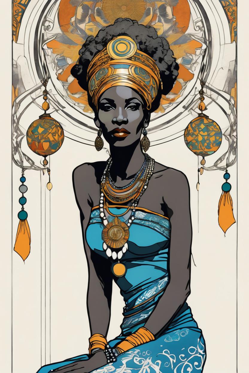 Artificial Intelligence (AI) generated image art, handsome fullbody illustration of beautiful art nouveau goddess ..., (coloured ink drawing), leave space above head, ((art by aubrey beardsley)), art by yoji shinkawa