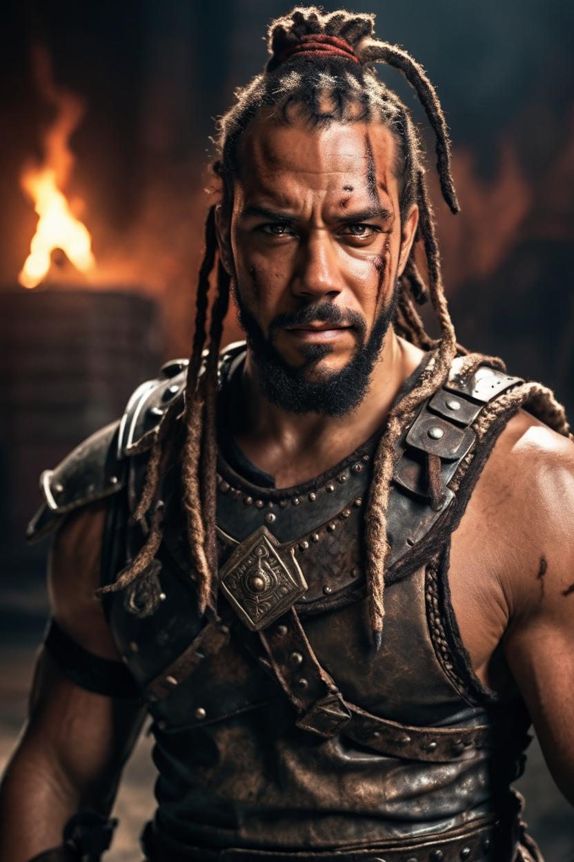 Artificial Intelligence (AI) generated image art, ..., portrait, gladiator armor, mid shot side angle, looking at camera, dreadlocks in a bun, action, gritty, in a fighting pit, fire light, realistic, in style of Spartacus, dark, cinematic lighting