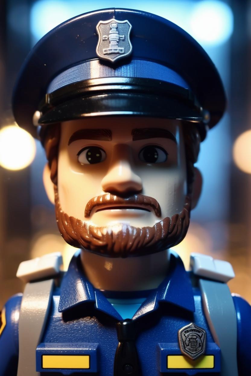 Artificial Intelligence (AI) generated image art, ((...)), as a Lego figurine, as policeman, cinematic beautiful lighting, hyper realistic, 8k, ... facial features