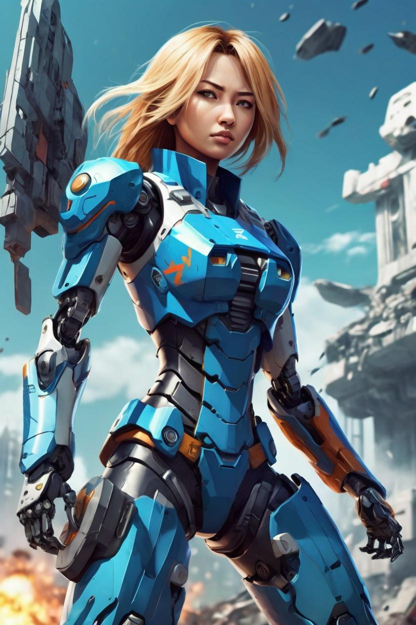 Artificial Intelligence (AI) generated image art, ... as a beautiful freedom fighter, anime style, fighting, futuristic, robotic, ultra detailed, ((full body))