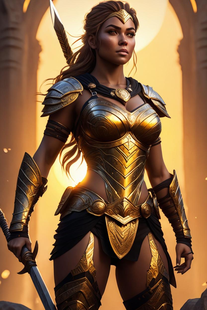 Artificial Intelligence (AI) generated image art, .., female warrior, well-formed body, posing, fullbody representation, (keep free above head), highly detailed, ultra detailed, golden hour, backlight, trending on artstation, cgstudio, art by greg rutkowski