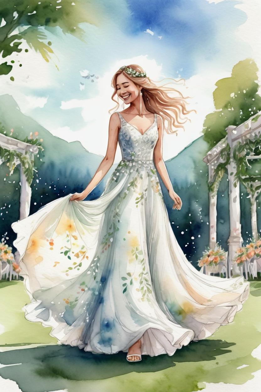 Artificial Intelligence (AI) generated image art, ... as beautiful bride getting married, fairytale wedding, outdoor, ultra detailed illustration, dancing, watercolor, fairy flowy wedding dress