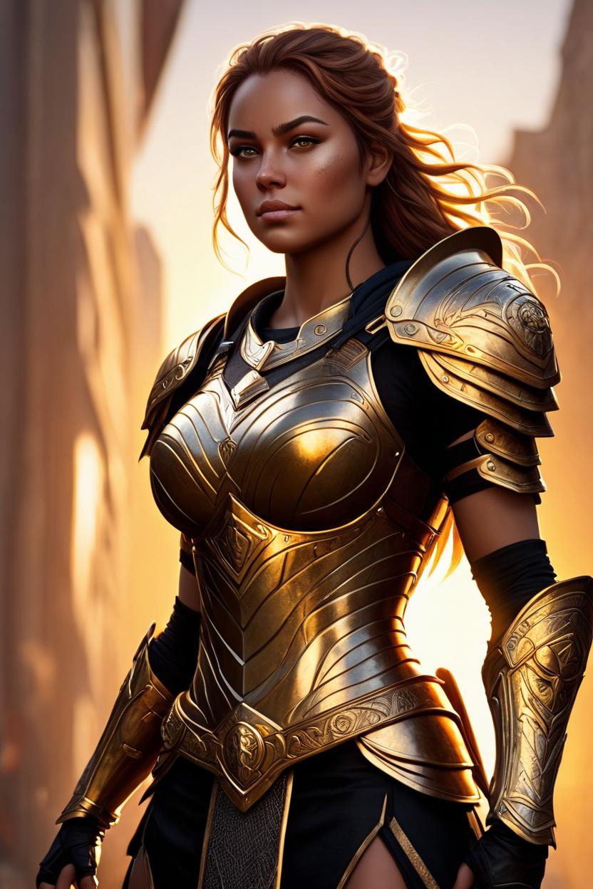 Artificial Intelligence (AI) generated image art, .., female warrior, well-formed body, posing, fullbody representation, (keep free above head), highly detailed, ultra detailed, golden hour, backlight, trending on artstation, cgstudio, art by greg rutkowski