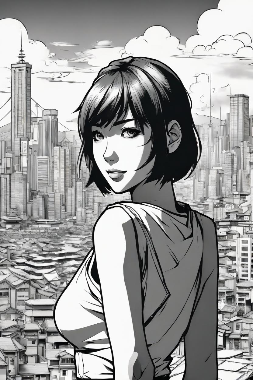 Artificial Intelligence (AI) generated image art, Beautiful well-formed female ..., (Kentaro Miura manga book style), illustration, manga artstyle, portrait and torso, fantasy, landscape, face, big city background