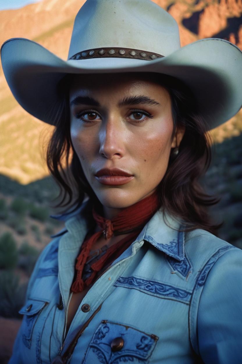 Artificial Intelligence (AI) generated image art, ..., ... as cowboy, woman, wearing a hat, cinematic, blue hour, in wild west mountains, Kodak Portra 800 film SMC Takumar 35mm f/ 2. 8 c 50, detailed face, red hai, brown eyes.