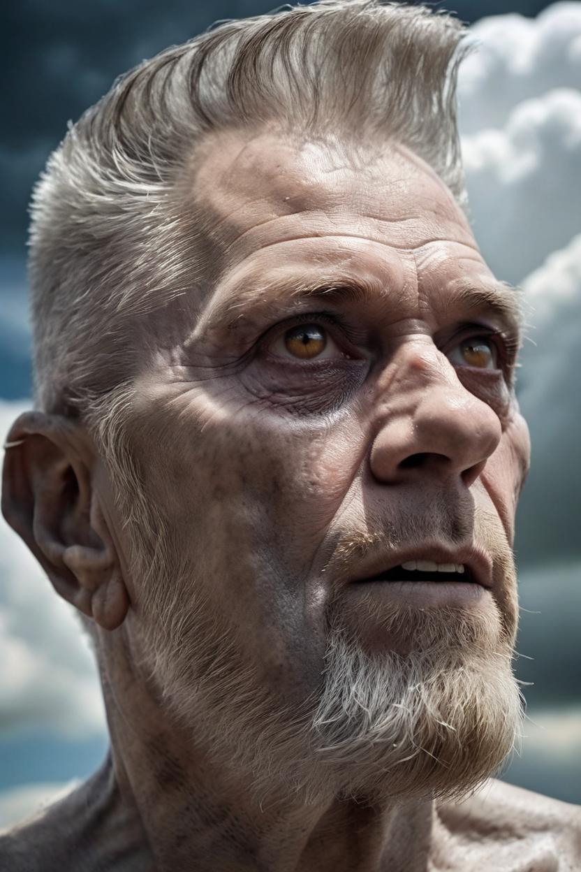 Artificial Intelligence (AI) generated image art, ..., The award-winning international photograph captures the image of a beautiful ghostly man with tan skin, His big brown eyes reflect a tender and deep gaze as he ascends into heaven. The photograph, taken with a Canon 50mm lens, shows a dramatic clouded sky blurred in the background, further highlighting the beauty of the model. Every detail of the image is optimized to the fullest, making this photograph a masterpiece that conveys a sense of delicacy and strength at the same time. amazing\\\"\\\"\\\"\\\"