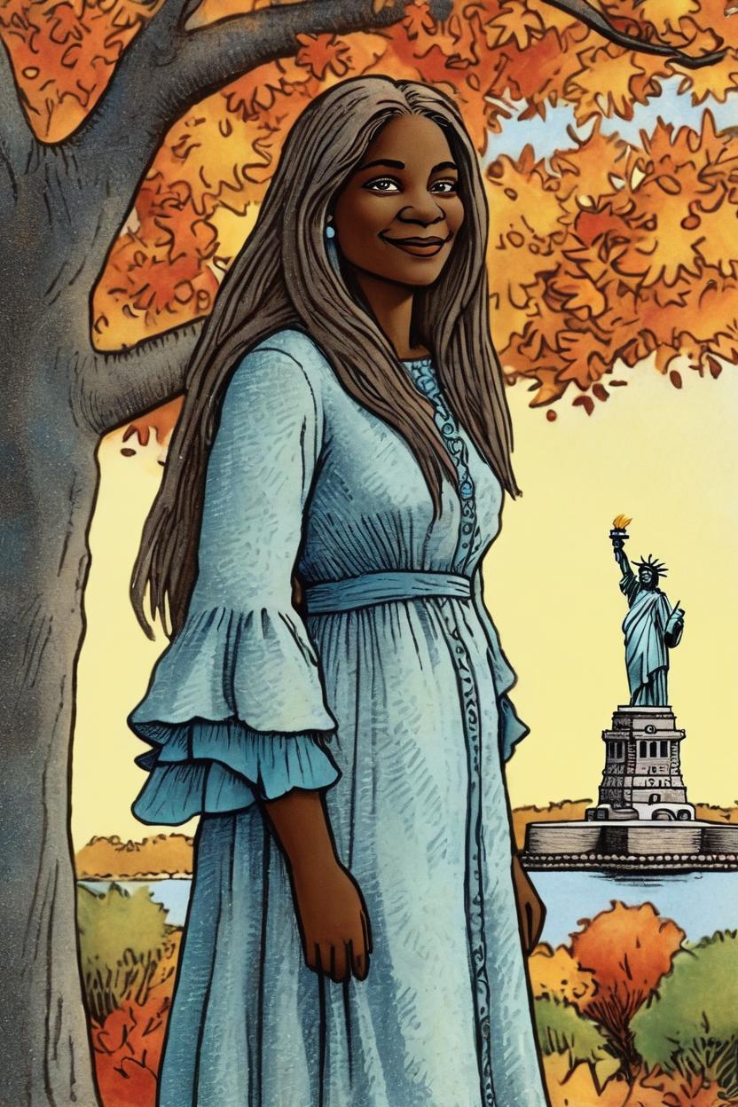 Artificial Intelligence (AI) generated image art, ..., illustration by Maurice Sendak, postcard, autumn, artistic,  lens flair, soft light, romantic, Statue of Liberty, long hair, very detailed, naive artwork