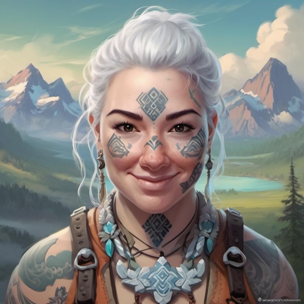 Artificial Intelligence (AI) generated image art, gorgous ..., cute and adorable, pretty, beautiful, dnd character art portrait, matte fantasy painting, strong, giant, shepherd, mountains, deviantart artstation, by jason felix by steve argyle by tyler jacobson by peter mohrbacher, bard, (symmetrical body and face tattoos), white hair, tribal tattoos, nose piercing,