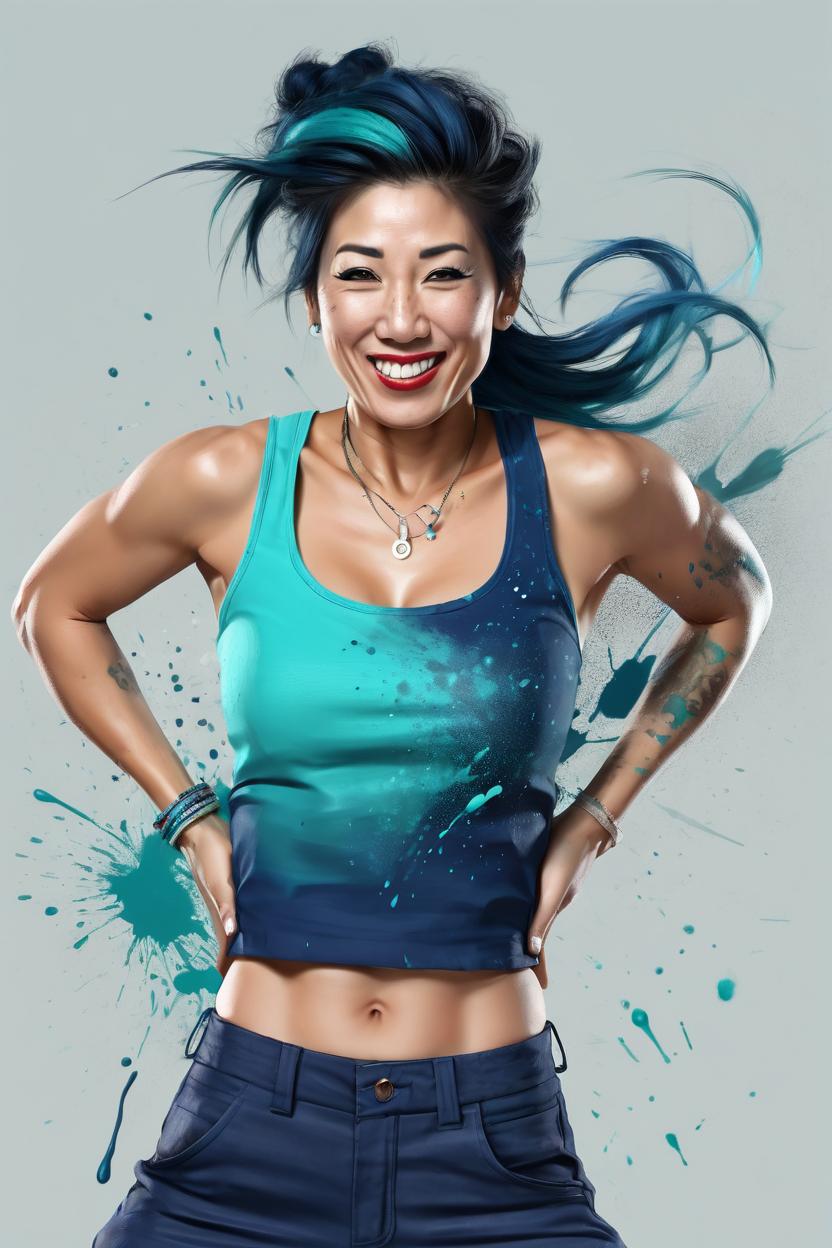 Artificial Intelligence (AI) generated image art, ... snthwve style nvinkpunk award winning half body portrait of a woman in a croptop and pants with ombre navy blue teal hairstyle with head in motion and hair flying, paint splashes, splatter, outrun, vaporware, shaded flat illustration, digital art, trending on artstation, highly detailed, fine detail, intricate