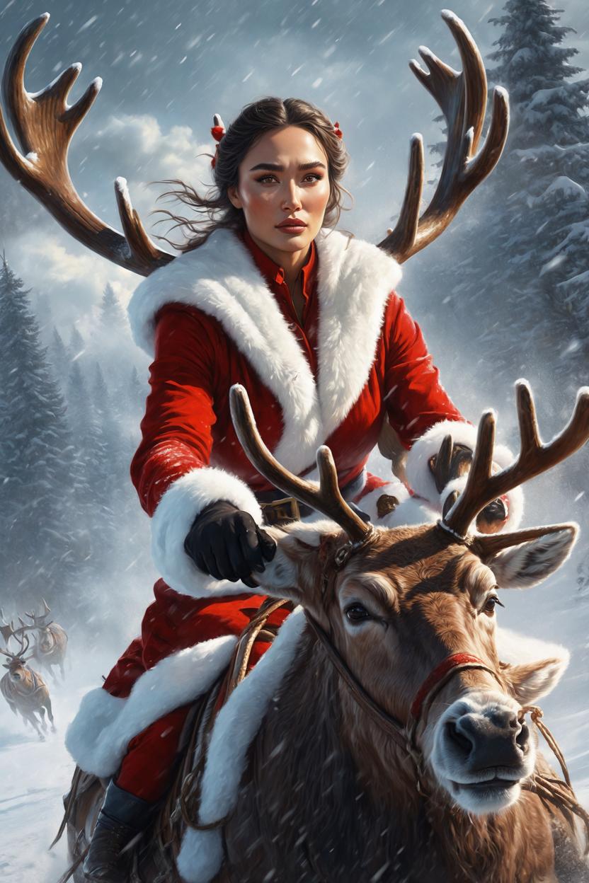 Artificial Intelligence (AI) generated image art, ..., ..., as a portrait of santa claus riding a Reindeer in a snow storm, by Stanley Artgerm Lau, WLOP, Rossdraws, James Jean, Andrei Riabovitchev, Marc Simonetti, and Sakimichan, highly detailed, ultra detailed, golden hour, trending on artstation, cgstudio