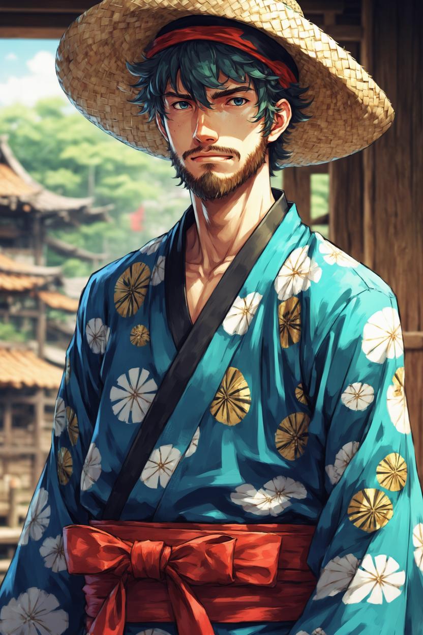 Artificial Intelligence (AI) generated image art, ... as member of straw hat pirate, art by eiichiro oda, anime guy, in kimono, detailed picture, adventure