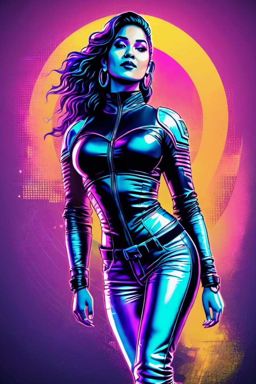 Artificial Intelligence (AI) generated image art, Synthwave style, nvinkpunk fullbody representation of woman ..., free space above the head, shaded flat illustration, blurred background