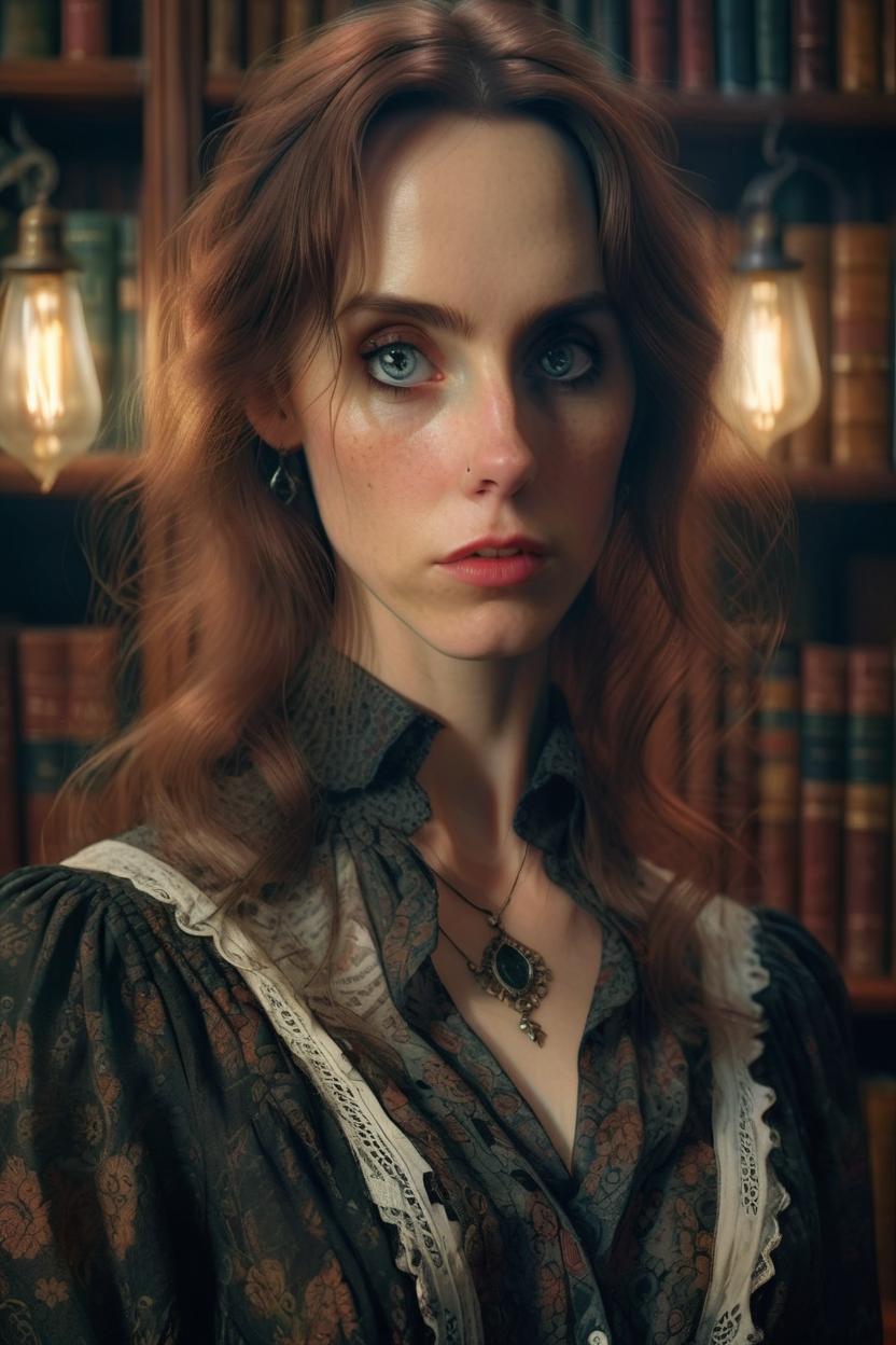 Artificial Intelligence (AI) generated image art, (portrait) of ... in (vintage blouse), realistic, detailed eyes, detailed skin features, at a (gothic library), with (mysterious light), ((true to life)), ((photorealistic))