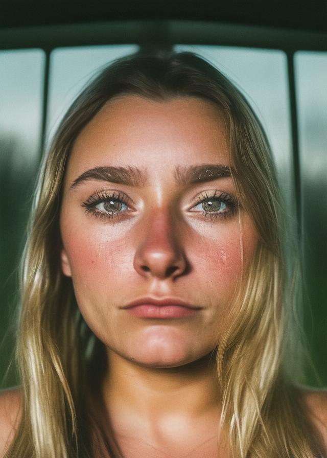 Artificial Intelligence (AI) generated image art, ..., portrait, Shot on 28 mm kodak camera, twilight, countryside, bathed in twilight light, (highly detailed and natural eyes)(glowing, smooth face) dreamy and gloomy atmosphere, detailed face, highly detailed