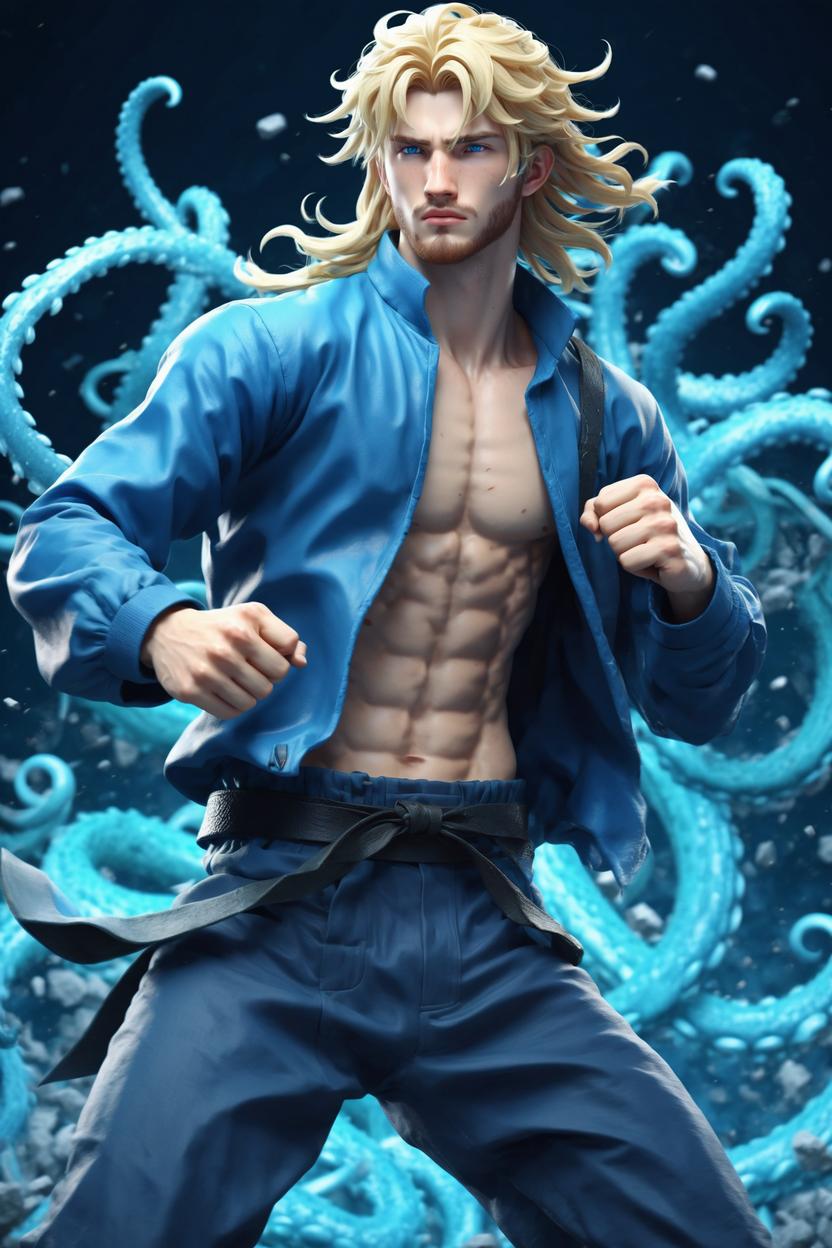 Artificial Intelligence (AI) generated image art, ... as beautiful anime guy, blonde medium long hair, 3d illustration, fighting scene, ((full body)), blue tentacles background, highly detailed