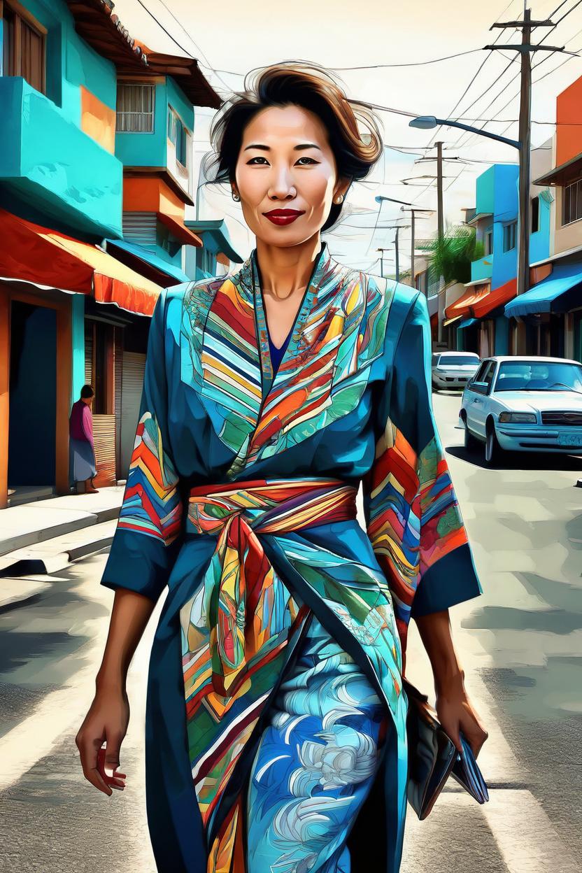 Artificial Intelligence (AI) generated image art, (...) portrait, editorial illustration young beautiful woman walking in the street, modern art deco, colorful, christopher balaskas, victor ngai, rich grainy texture, detailed, dynamic composition, wide angle, moebius, matte print\\\\\\\\\\\\\\\\\\\\\\\\\\\\\\\"
