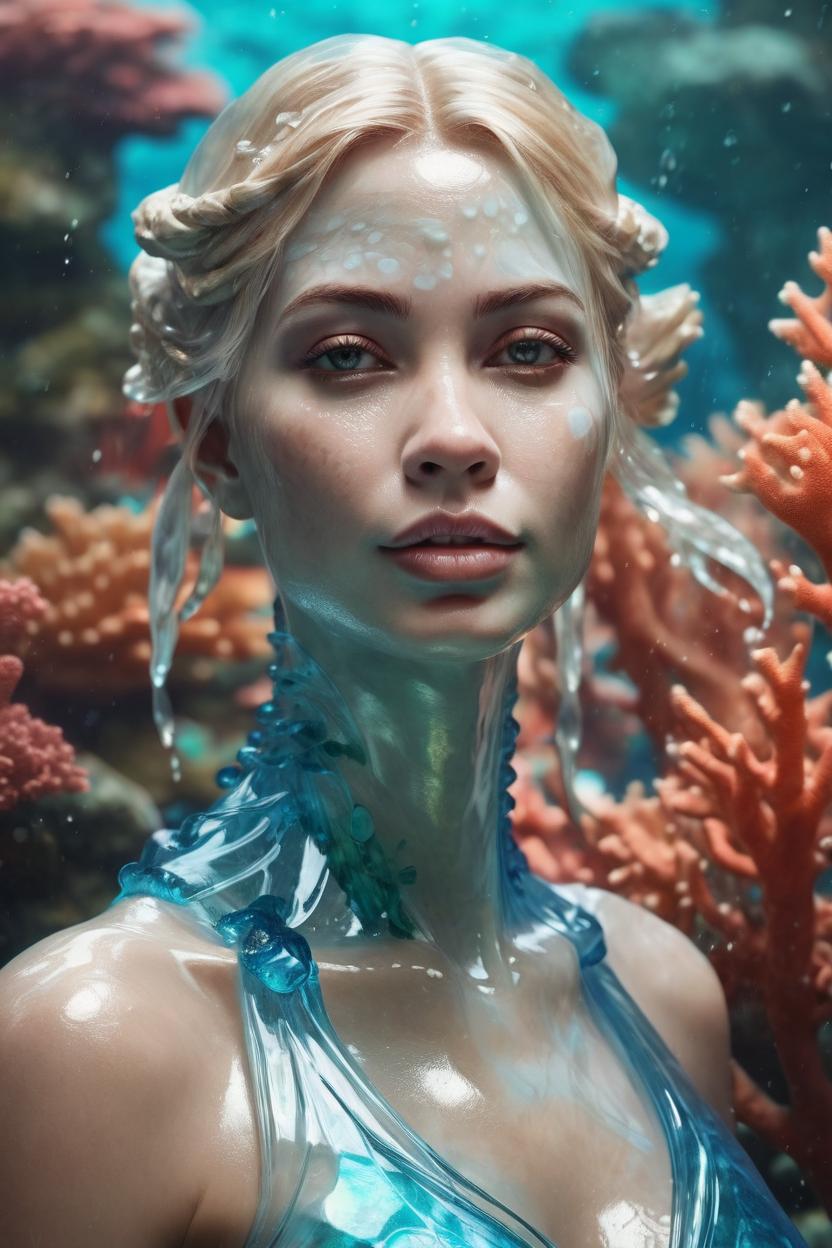 Artificial Intelligence (AI) generated image art, a beautiful portrait of (...) as a water goddess with transparent skin by Greg Rutkowski and Raymond Swanland, Trending on Artstation, coral background, ultra realistic digital art