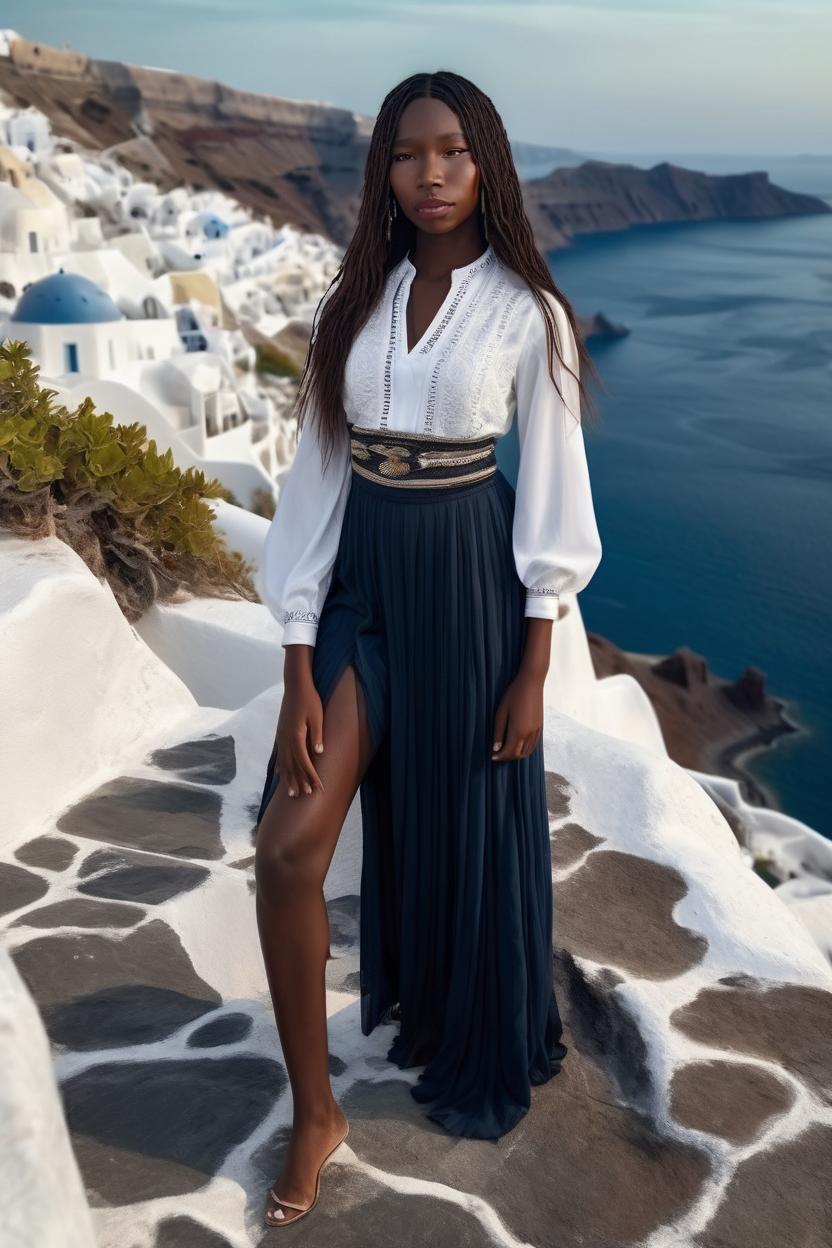 Artificial Intelligence (AI) generated image art, ..., beautiful long dark flowing hair. elegant clothing. in Santorini on a cliff over looking the ocean. photo realistic. beautiful. portrait