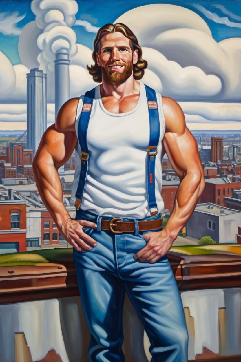 Artificial Intelligence (AI) generated image art, Painting of ... by Thomas Hart Benton, working in industry, full body, wearing a white vest, big biceps, muscular body, wearing blue jeans, 20th century, American cityscape in background, clouds in sky, vivid colours
