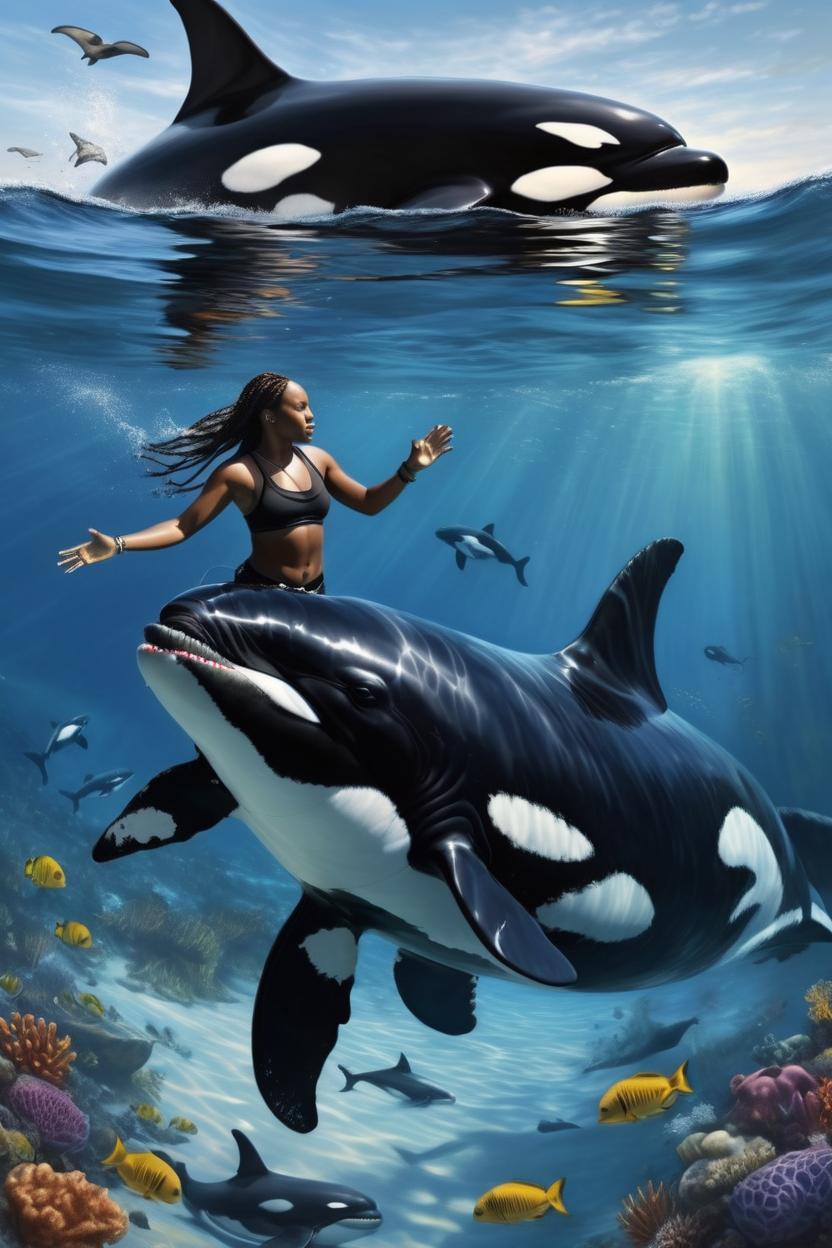 Artificial Intelligence (AI) generated image art, ..., In the ocean with orca, fine detail , beautiful, majestic , photorealistic