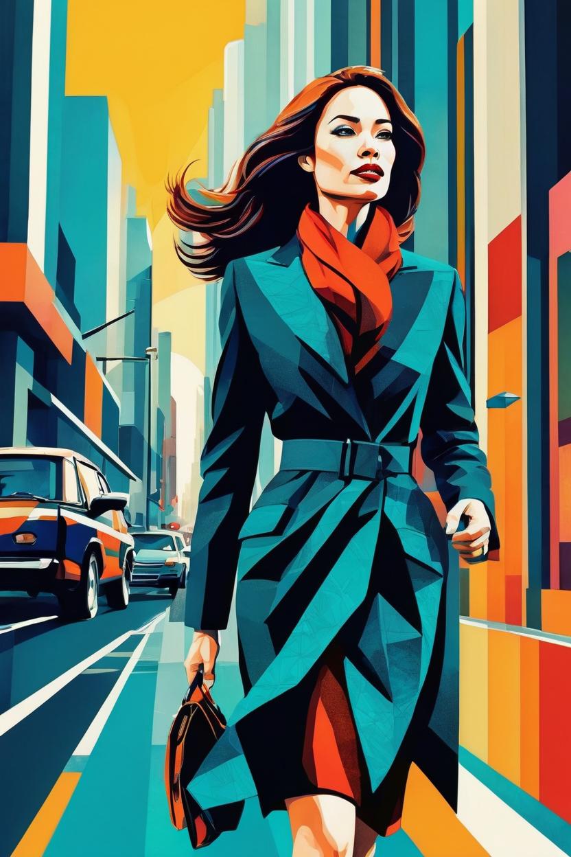 Artificial Intelligence (AI) generated image art, (...) portrait, editorial illustration beautiful woman walking in the street, modern art deco, colorful, christopher balaskas, victor ngai, rich grainy texture, detailed, dynamic composition, wide angle, moebius, matte print\\\\\\\\\\\\\\\\\\\\\\\\\\\\\\\"