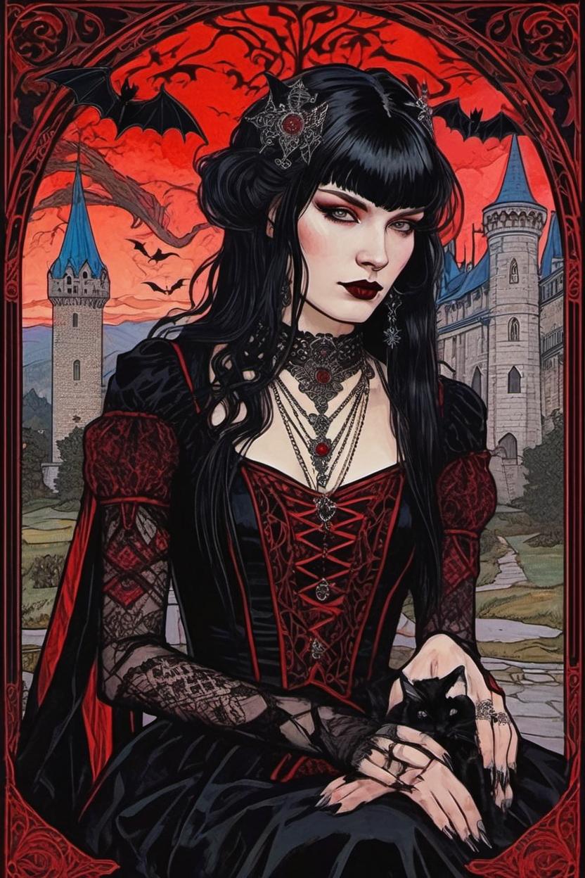 Artificial Intelligence (AI) generated image art, (*...*), portrait, artwork by Ivan Bilibin, Art Nouveau, tarot card, goddess, the lovers, gothic castle in background, black hair, as a vampire, bats, red and black dress