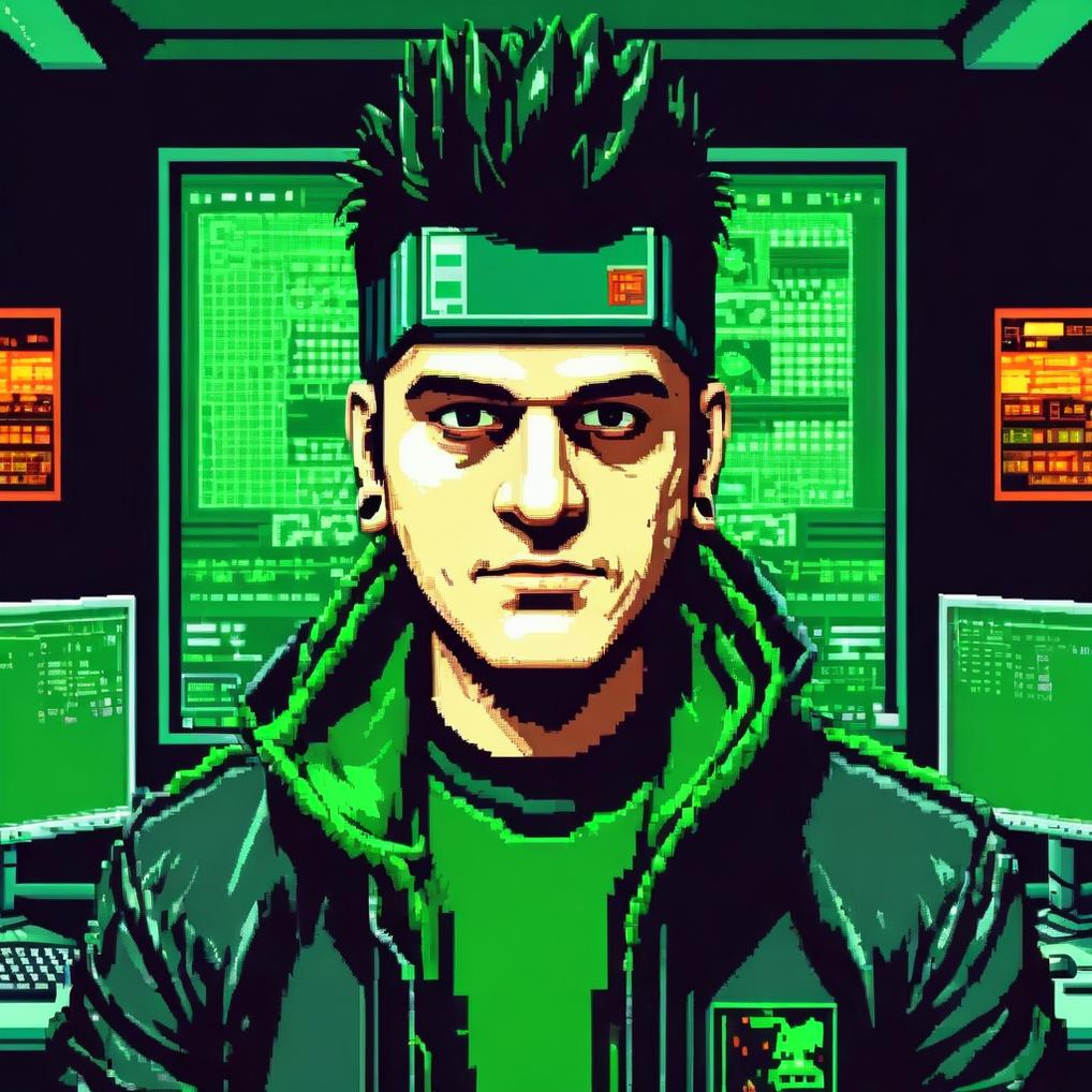 Artificial Intelligence (AI) generated image art, ..., (8 bit pixel art), hacker, in a green hightech computer room, pixel art, digitally enhanced, retro video game pixel graphics, mr robot, cyberpunk, for professional usage