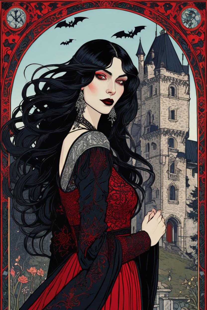 Artificial Intelligence (AI) generated image art, (*...*), portrait, artwork by Ivan Bilibin, Art Nouveau, tarot card, goddess, the lovers, gothic castle in background, black hair, as a vampire, bats, red and black dress