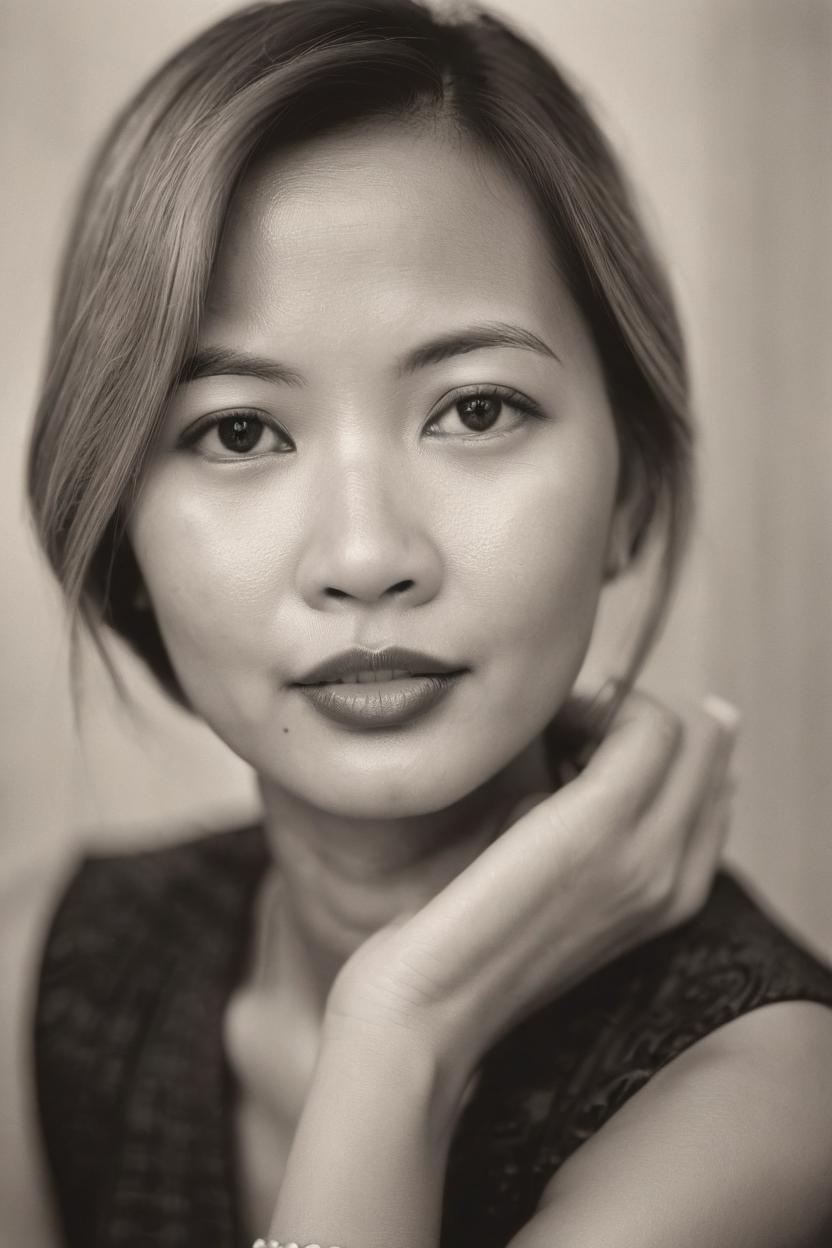 Artificial Intelligence (AI) generated image art, ... beautiful classic model, potrait, 1920s style, black and white photgraphy, detailed, soft focus, film grain, tan skin