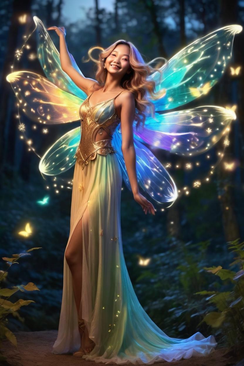 Artificial Intelligence (AI) generated image art, ..., illustration, full body, as a fairy queen, with beautiful colorful gossamer wings, dancing in a fairy circle in the moonlight, tan smooth skin, long wavy and lusterous hair flowing out around her, backlit to cause a halo around her, smaller fairys and sprites dance behind her a mysterious forest in the background