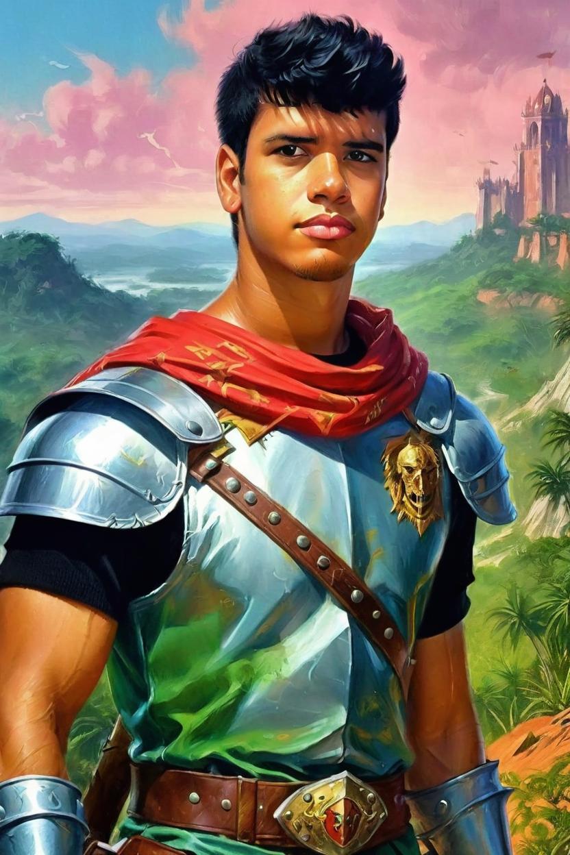 Artificial Intelligence (AI) generated image art, ..., (classic fantasy pulp book cover art), (...) as fantasy knight man, illustration, art by Boris Vallejo, 80s fantasy art, portrait, landscape\"