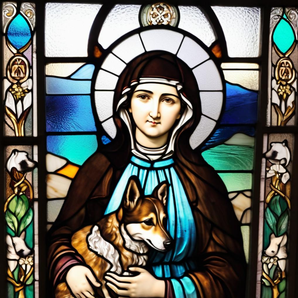 Artificial Intelligence (AI) generated image art, ..., greek orthodox style stained glass window, tryptich as a beautiful modest saint who cared for dogs and baby woodland animals