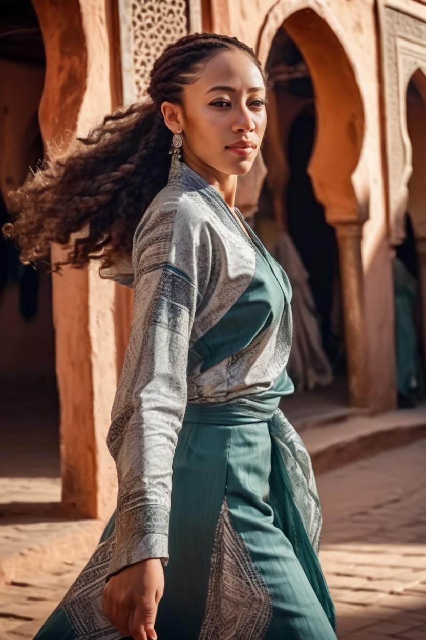 Artificial Intelligence (AI) generated image art, ...,  beautiful looking off to the side. elegant clothing  that is flowing in the wind. No patterns on the clothing. In Marrakesh in the backround.  Portrait. full body. Realistic portrait. fine detail