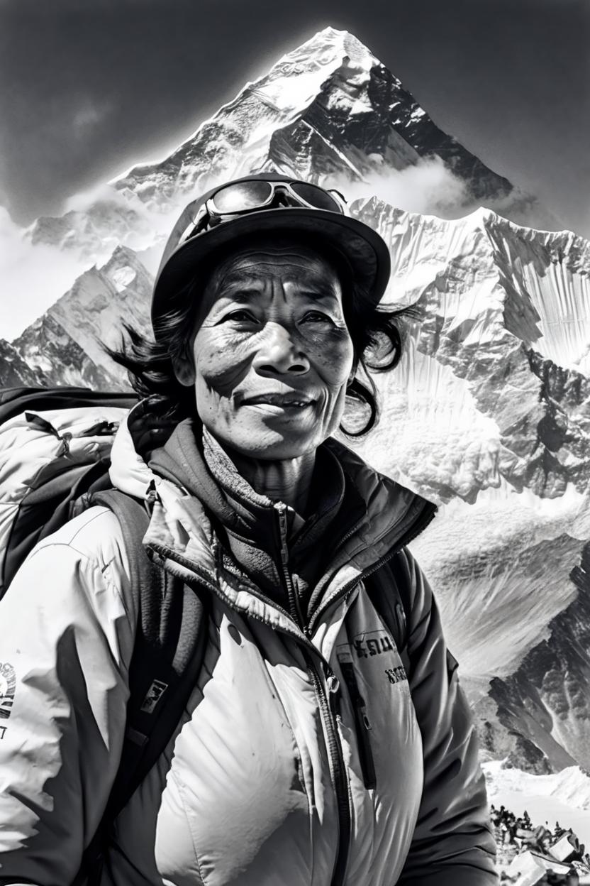 Artificial Intelligence (AI) generated image art, ..., portrait, ((old b&w photo)), (((film grain))), on Mount Everest, photorealistic, 4k