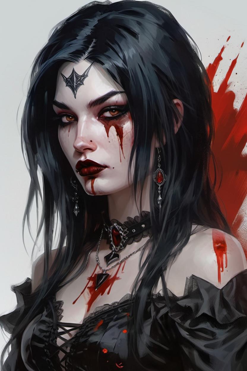 Artificial Intelligence (AI) generated image art, painted portrait of (...) as a beautiful vampiric temptress, black hair, bloody, upper body, intricate, elegant, highly detailed, digital painting, artstation, concept art, smooth, sharp focus, illustration, art by gaston bussiere and magali villeneuve